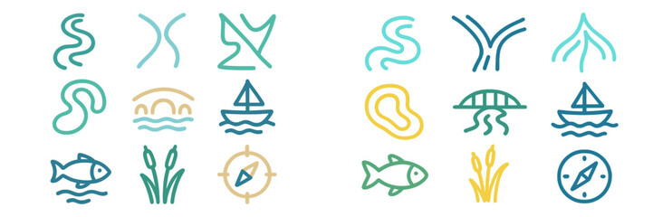 Unique collection of hand-drawn aquatic symbols featuring boats, fish, and waves on a light background