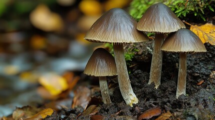 Fototapeta premium Several brown mushrooms growing in forest soil