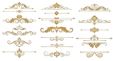 Fototapeta premium Elegant Gold Flourish Dividers & Ornamental Border Designs | Vintage Decorative Scroll Frames, Classic Victorian Luxury Line Art Elements