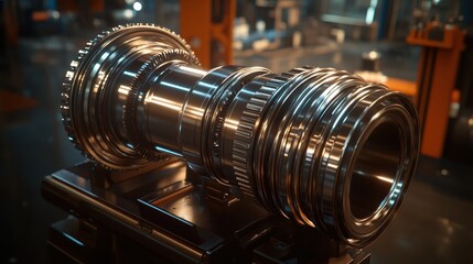 Naklejka premium Shiny steel gear assembly in industrial workshop setting
