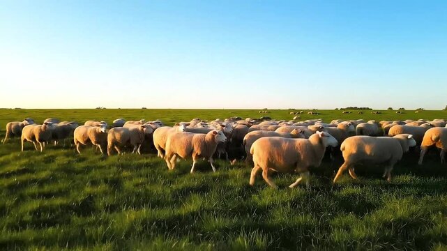 Flock of Sheep Grazing on Lush Green Pasture at Golden Hour with Clear Blue Sky Sunlight Creating a Picturesque Rural Scene for Agriculture and Animal Husbandry Promotion 198 chars