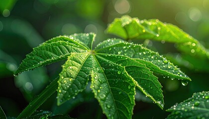 Close up shot of vibrant green leaves covered in sparkling water droplets catching golden morning sunlight with soft bokeh background in a lush garden setting