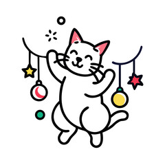 Playful white cat with christmas ornaments
