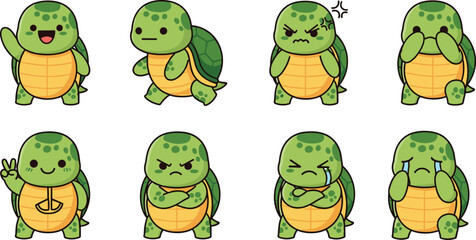 Cute turtle character emotions set, cartoon kawaii animal mascot, expression pack for stickers, cad drawing flat vector illustration, adorable design