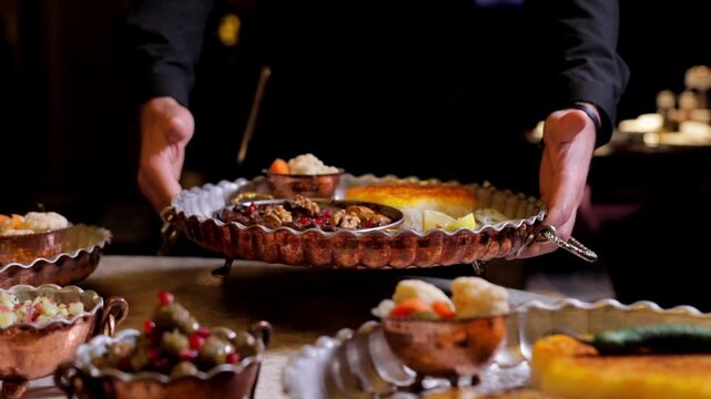 Server placing ornate platter on banquet table amid bowls and garnishes, careful hands balancing tray, elegant catering and hospitality. Arabian and Iranian cuisine concept