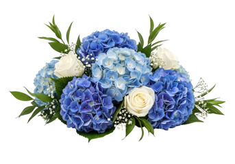 Vibrant blue hydrangea floral arrangement with delicate white accents and green foliage isolated on transparent background