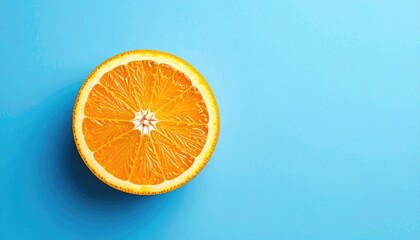 Close Up Top View Of A Vibrant Orange Slice With Water Droplets On A Textured Blue Background With Copy Space