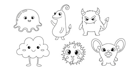 Collection of whimsical cartoon monsters and creatures, perfect for children's coloring pages or