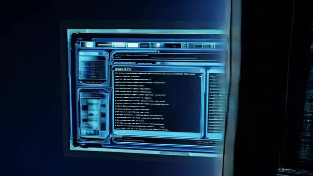  Digital Interface with Code Display on Futuristic Screen