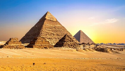 Ancient Egyptian Pyramids and Sphinx Majestic Structures Bathed in Golden Sunset Light with Clear Blue Horizon and Distant Cityscape Silhouette