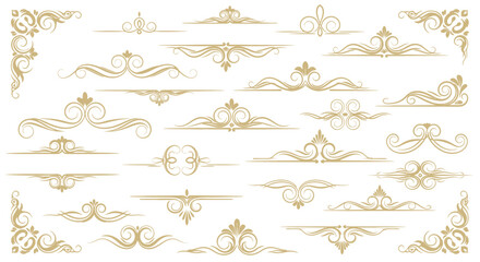 Elegant Gold Flourish Dividers & Ornamental Border Designs | Vintage Decorative Scroll Frames, Classic Victorian Luxury Line Art Elements