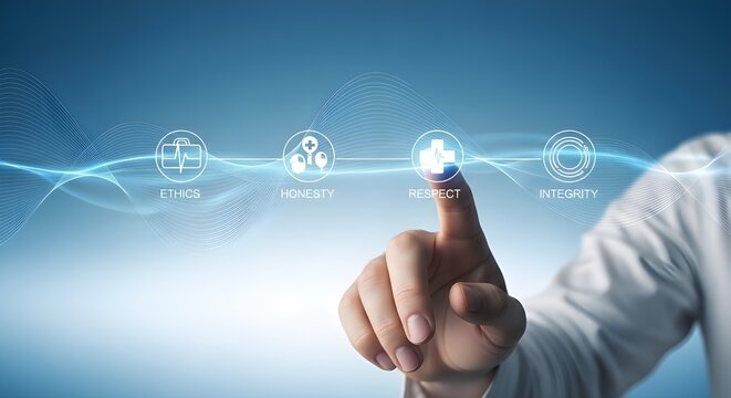 Doctor pressing screen with ethics honesty respect and integrity icons