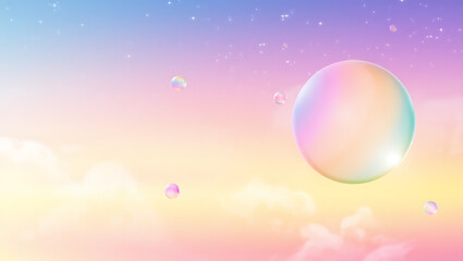 Iridescent easter egg floating in a dreamy pastel sky with soft bokeh bubbles and a gradient of pink purple and yellow