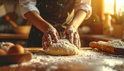 Close up of hands kneading dough on a wooden table dusted with flour during golden hour with warm sunlight casting a glow across the scene