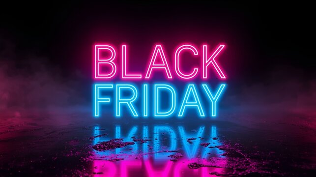 Futuristic neon 3D glowing "BLACK FRIDAY" text floating in a dark cyberpunk city background with reflections on wet asphalt