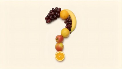 Various fruits such as apples, bananas, oranges, and grapes arranged and merged together to form a question mark symbol.