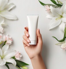 An elegant female hand with perfectly manicured nails holds a sleek, white cosmetic tube against a minimalist light background, complemented by blooming white lilies and lush green leaves. The scene e