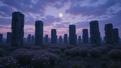 A vast megalith field anchoring drifting moons with luminous chains beneath a violet dusk sky