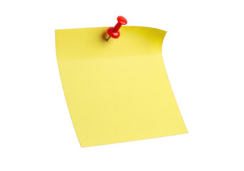 Bright yellow sticky note pinned with red pushpin for reminders and messages transparent background