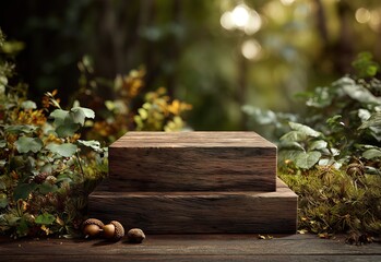 A modern, minimalist green podium stands elegantly on a lush, grassy platform surrounded by vibrant tropical plants and foliage. Sunlight pours in through tall windows, creating a serene, jungle-inspi
