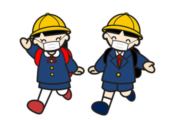 マスクをして笑顔で登校する制服姿の子供たち
