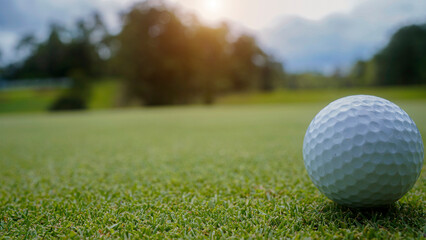 Golf ball is on a green lawn in a beautiful golf course with morning sunshine.