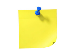 Yellow sticky note pinned with blue pushpin for reminders and messages transparent background