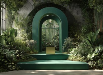 A modern, minimalist green podium stands elegantly on a lush, grassy platform surrounded by vibrant tropical plants and foliage. Sunlight pours in through tall windows, creating a serene, jungle-inspi