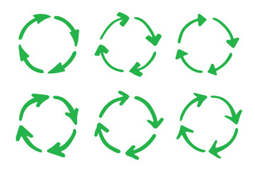 Set of hand drawn recycle arrow icon Recycling resources symbol Reuse of materials, zero waste, green environment, saving the planet