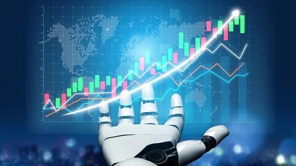 A robotic hand interacts with digital graphs that illustrate financial growth and data analytics, symbolizing advancements in technology and investment strategies. Copula - Powered by Adobe