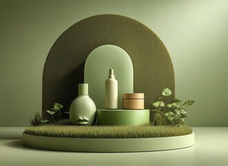 A modern, minimalist green podium stands elegantly on a lush, grassy platform surrounded by vibrant tropical plants and foliage. Sunlight pours in through tall windows, creating a serene, jungle-inspi