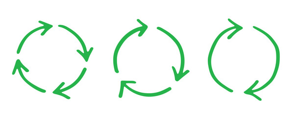 Set of hand drawn recycle arrow icon Recycling resources symbol Reuse of materials, zero waste, green environment, saving the planet