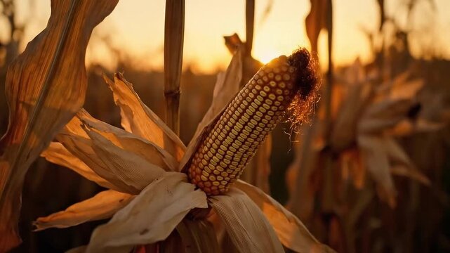 Golden Corn Cob at Sunset in Agricultural Field Close Up with Warm Tone and Blurry Background Shot for Agricultural and Sustainable Energy Theme with Lens Flare Effects Footage