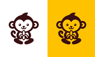 Fototapeta premium Cute cartoon monkey character holding a banana presented in two color variations for versatile design use