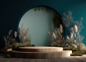 A modern, minimalist green podium stands elegantly on a lush, grassy platform surrounded by vibrant tropical plants and foliage. Sunlight pours in through tall windows, creating a serene, jungle-inspi