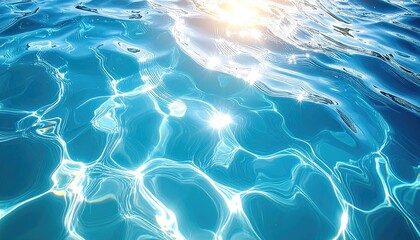 Close up of sparkling clear blue water surface with bright sun reflections and ripples creating abstract patterns on a sunny day