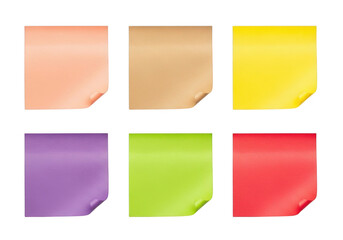 Six colorful sticky notes with corner shadows for organization and reminders transparent background