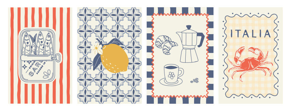 Minimalist poster depicting Italian cuisine. Illustration featuring sardines, lemon, coffee, crab. Hand-drawn Italian lifestyle.