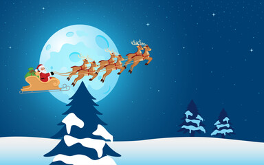 Naklejka premium Santa Claus flying through the night sky in his sleigh with reindeer, with the full moon and snowy pine trees below.