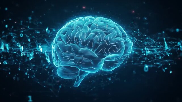 Glowing blue brain connected to digital network with binary code