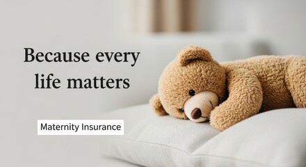 A cute teddy bear resting on a pillow next to words