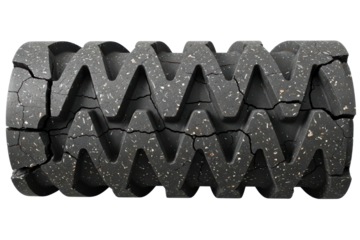 Old black cracked massage roller for muscle recovery exercise isolated on transparent background