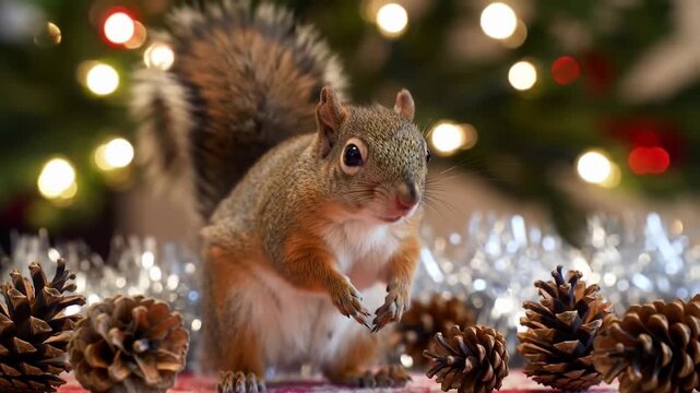 Squirrel Exploring Festive Holiday Decoration with Pine Cones