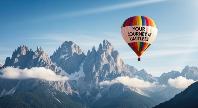 A hot air balloon with uplifting message over majestic mountains