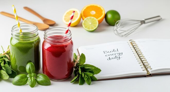 A red smoothie in a glass with fruit and a notebook on a white surface