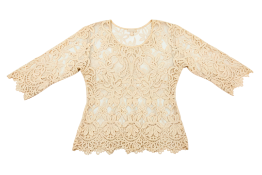 Elegant cream colored lace blouse with three-quarter length sleeves isolated on transparent background