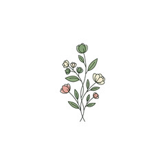 Delicate floral illustration featuring pastel-colored flowers and leaves on a white background.
