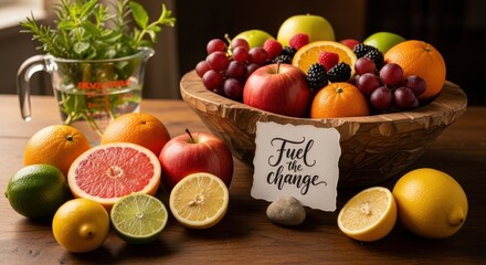 Assorted fresh fruits in a wooden bowl and on a wooden surface