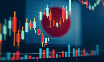 Dynamic japanese stock market candlestick chart displays fluctuating financial data with a blurred national flag in the background symbolizing economic trends and global investment - Powered by Adobe