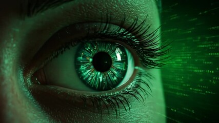 Futuristic green eye reflecting digital code - Powered by Adobe